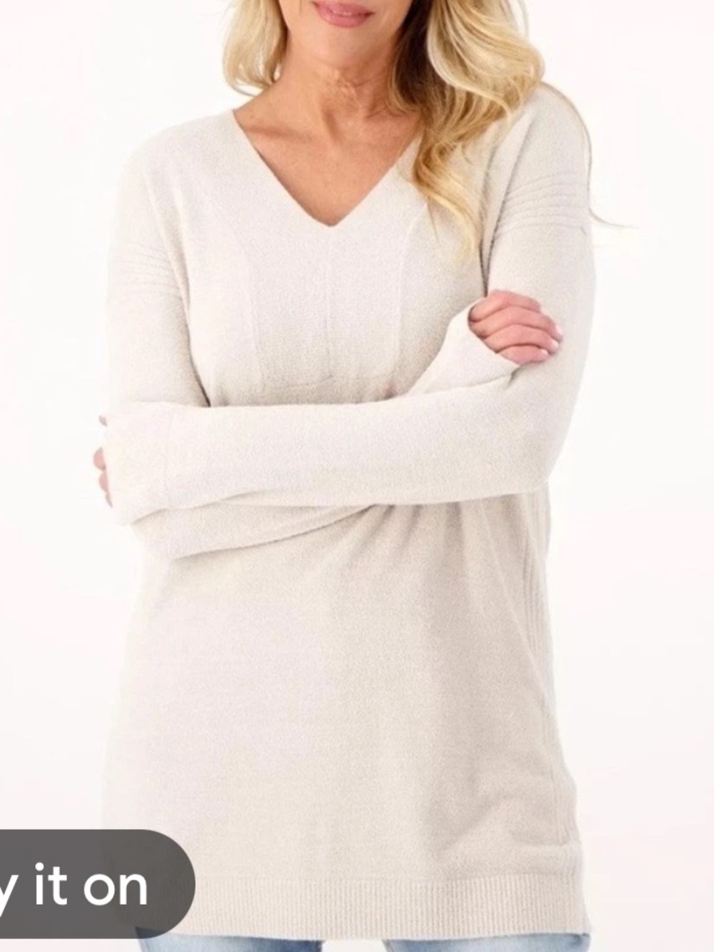 EUC Barefoot Dreams Cozychic Ultralite light beige V-neck tunic size medium